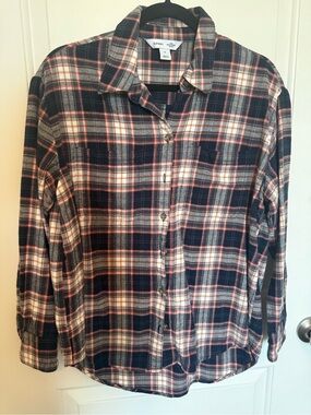 Old Navy Navy, Coral & White Plaid Flannel Shirt